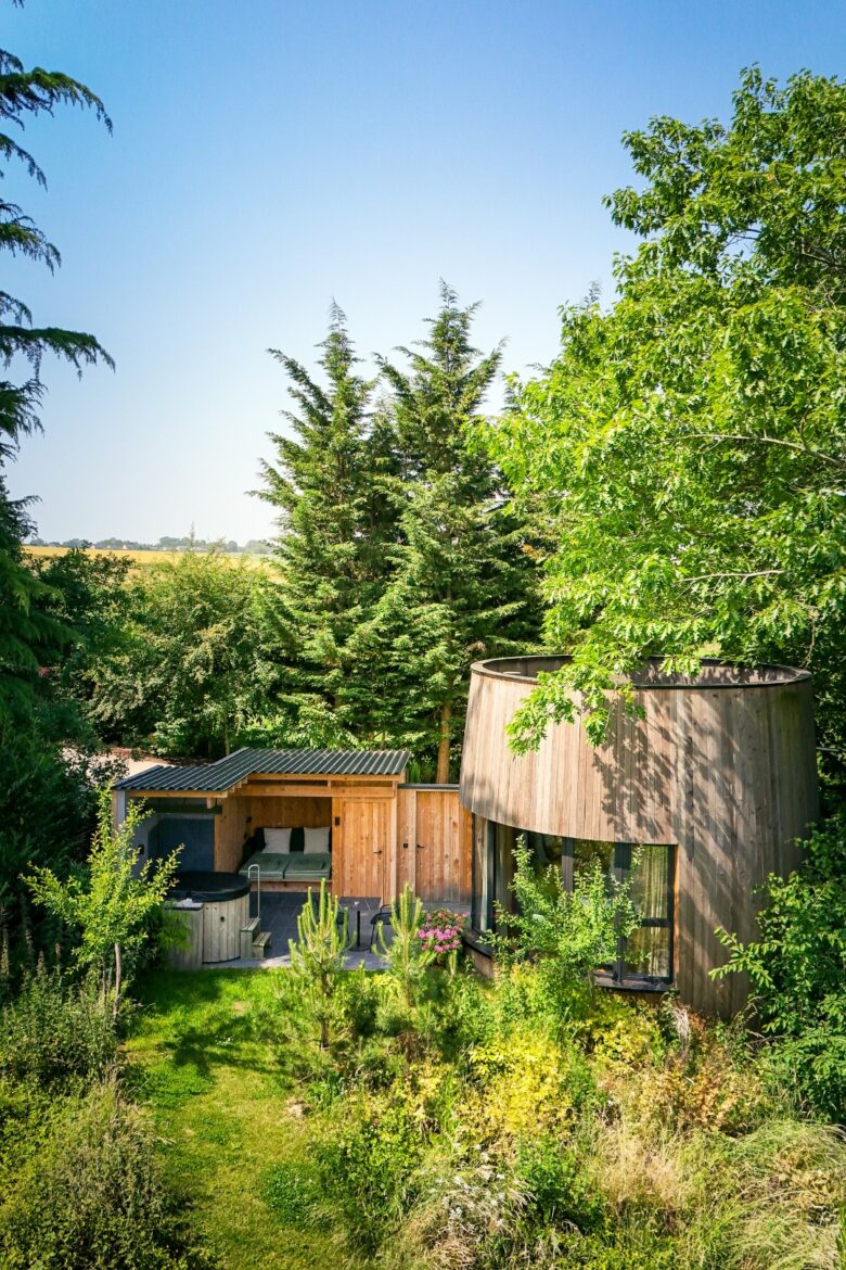 drone photo of a barrel room in Domaine de Biamont